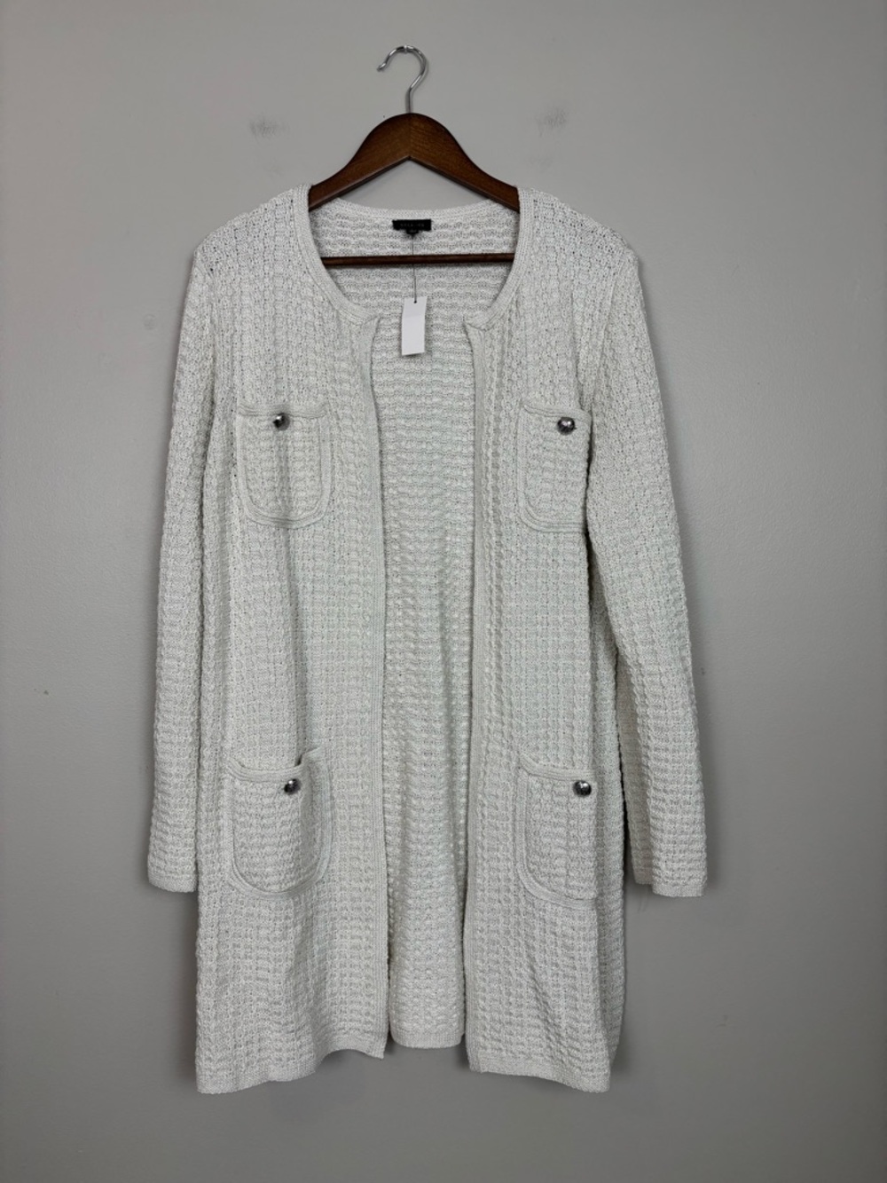 Talbots Textured Knit Metallic Coatigan Womens Large Silver Metallic Open Front